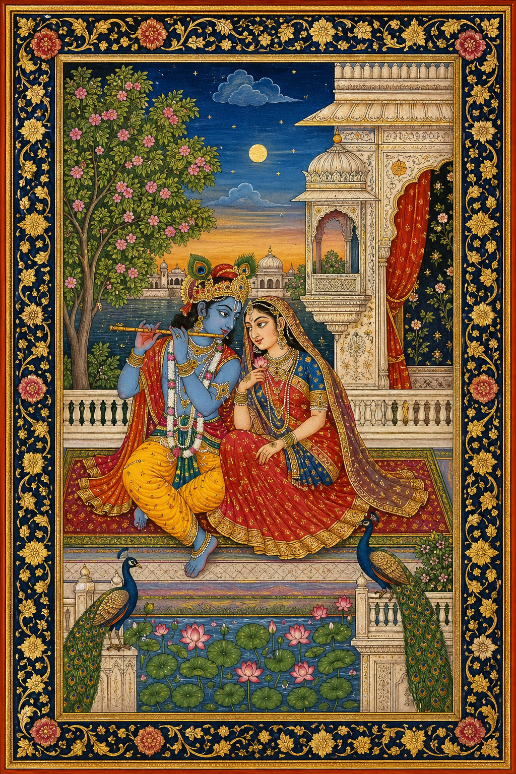 Radha and Krishna in Rajput miniature painting with palace courtyard flowering trees and gold borders